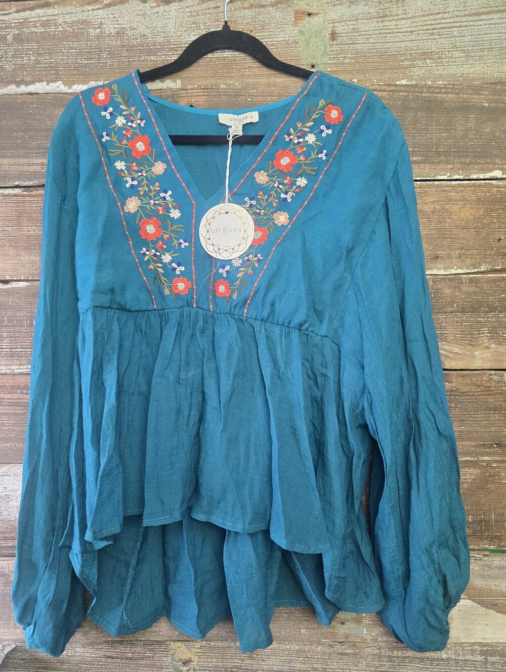 Umgee Teal Embroidered V-Neck Peasant Tunic